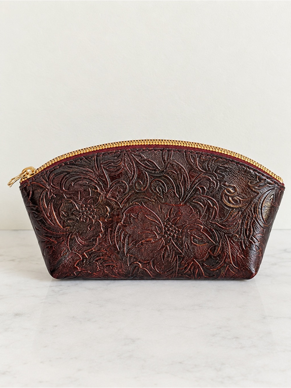 Portland Leather Goods Eclipse Makeup Toiletry Bag Cognac Embossed Leather NEW